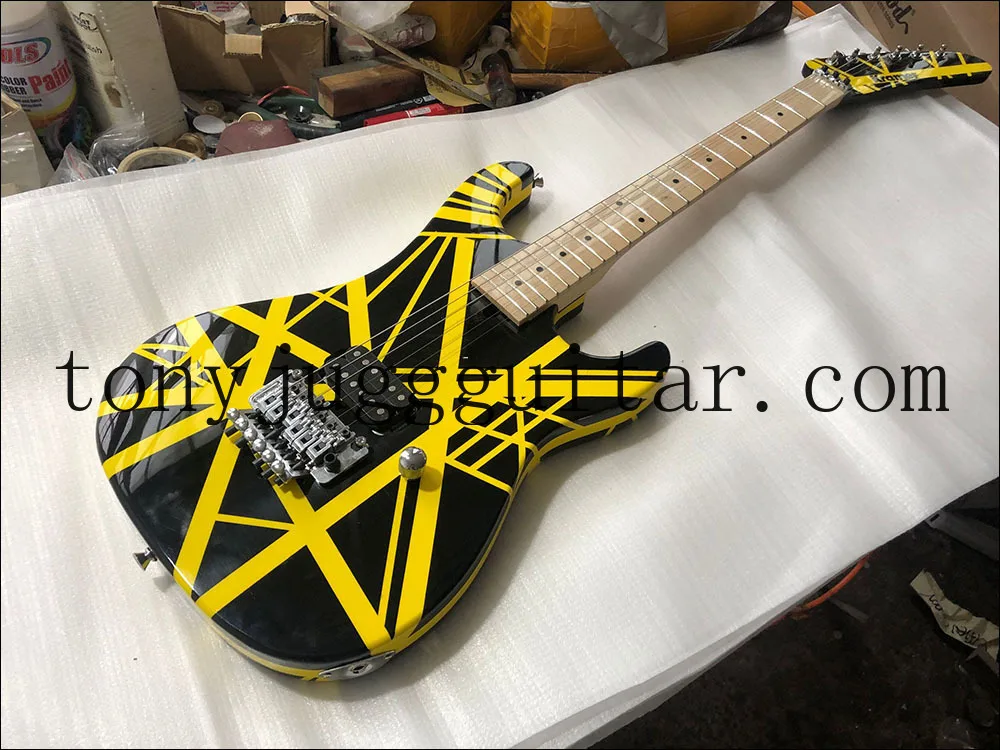 

Eddie Edward Van Halen 5150 Yellow Stripe Black Electric Guitar Banana HeadstockFloyd Rose Tremolo Bridge,Locking Nut,Whammy Bar