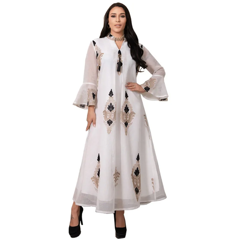 

Formal Occasion Dresses Flare Sleeve Stand Collar Elegant Luxury Spring Summer Party Embroidery Lace White Dress