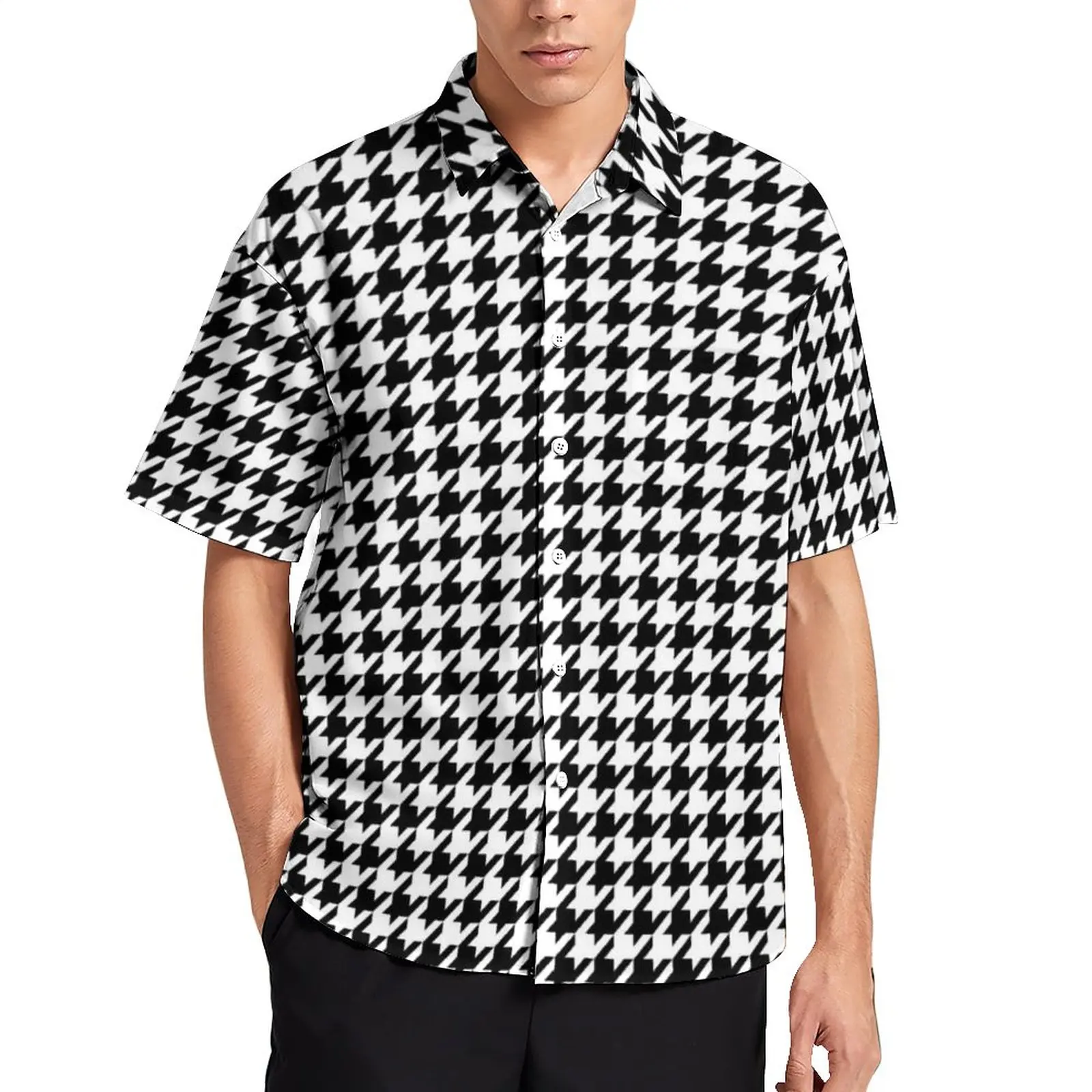 

Black And White Houndstooth Beach Shirt Classic Pattern Hawaiian Casual Shirts Y2K Blouses Short-Sleeve Design Tops Plus Size