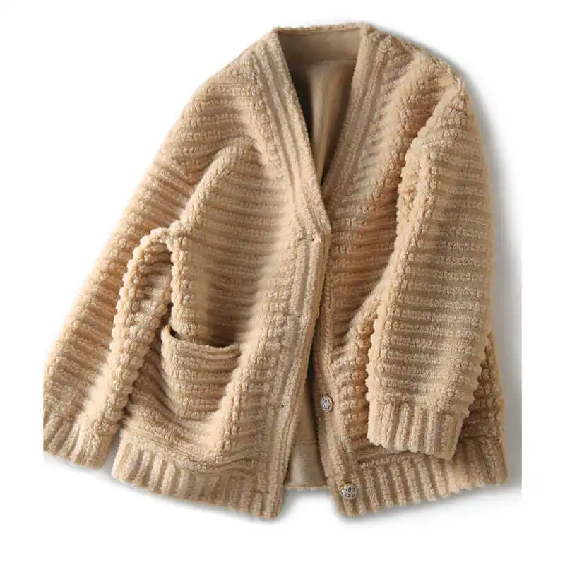 Parkas Women's Outdoors Short Coats 2022 Winter New Fashion Faux Fur Cashmere Stripe Splicing V-Neck Casual Warm Jackets Woman