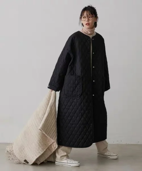 

Crew Neck Quilted Jacket for Women Collarless Rhombus Oversized Mid-Length Coat Female Korean Fashion Long Jacket