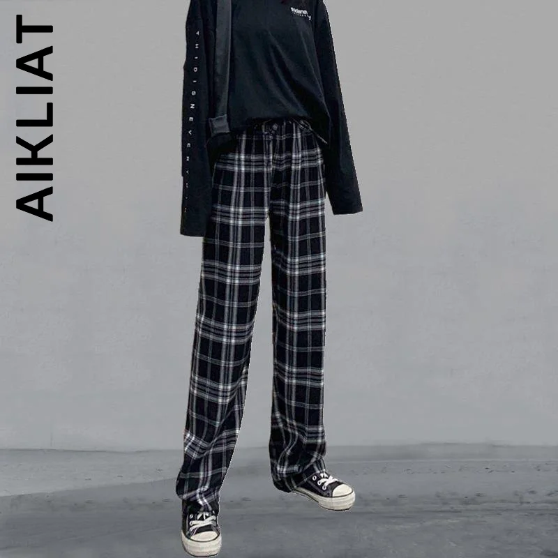 

Aikliat Women Pants Fashion Trousers Quality Hip Women Trousers Hot Sale Plaid Leg Pant Long Trendy Female Pants Female
