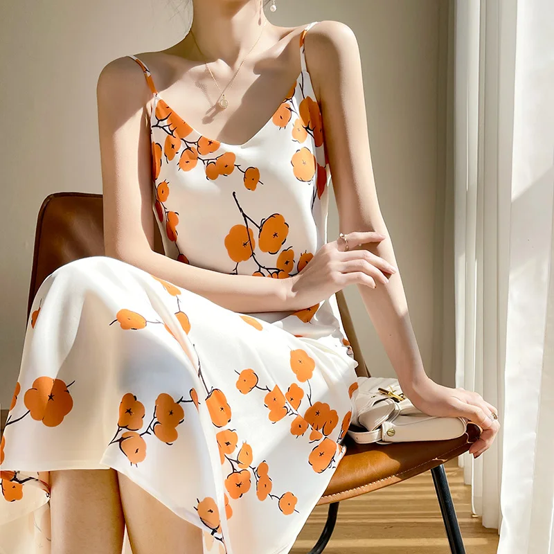 

New Chiffon Suspender Maxi Dress Women Chic Waist V-neck Printed Beach Over-The-Knee Floral Shirt Retro Outer Wea Summer Elegant