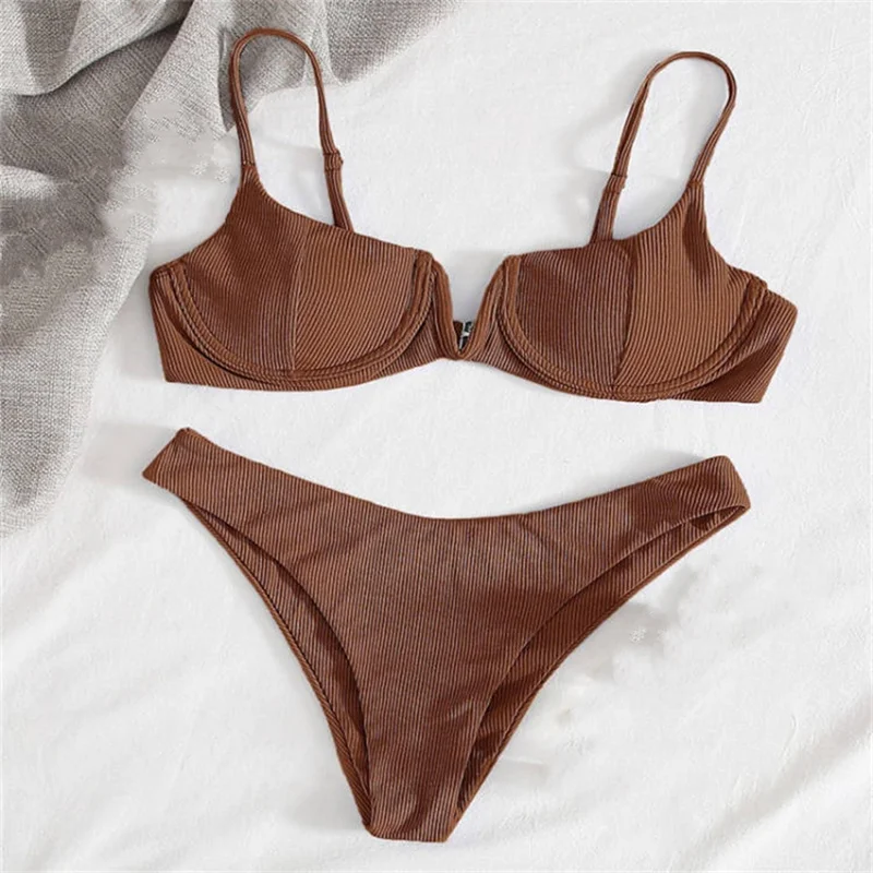 

Бикини пуш-ап, стринги, женский купальник, новинка 2023, однотонный купальник в рубчик с V-образным вырезом, комплект бикини, летняя пляжная одежда, купальный костюм для женщин