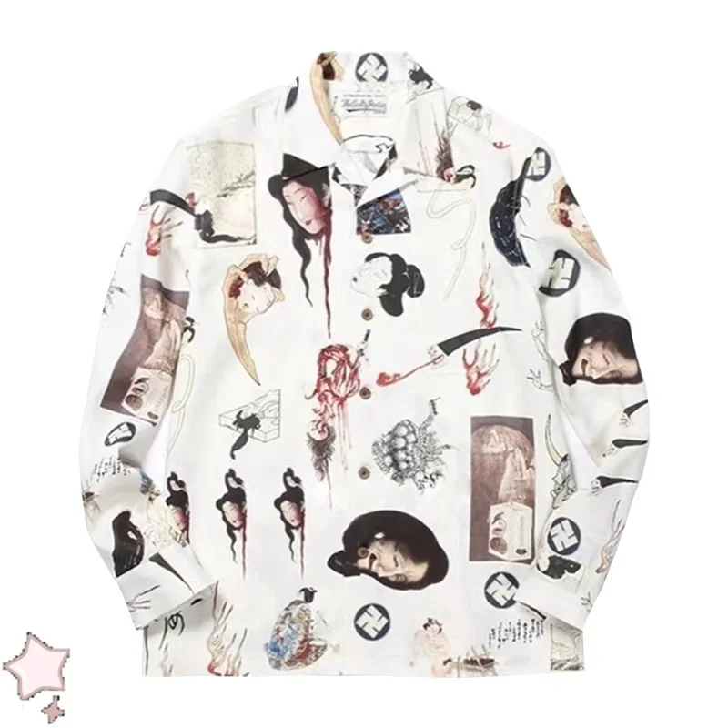 Men Women Hawaiian Graffiti Print Long Sleeve Shirts High Street Hip-Hop Shirt