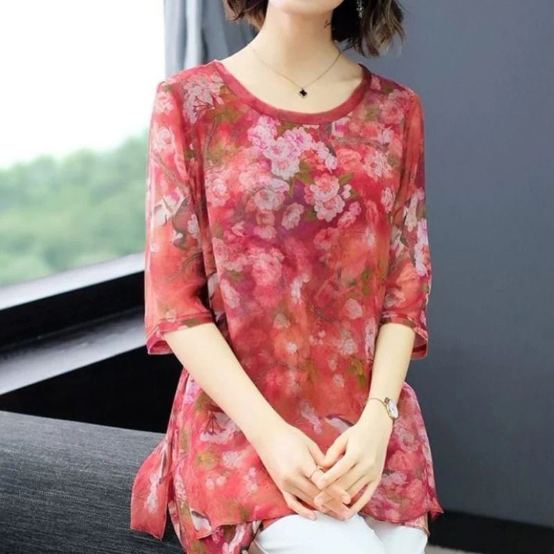Vintage Printed Casual Loose O-Neck Blouse 2023 Summer Thin Half Sleeve Women's Clothing All-match Korean Chiffon Spliced Shirt images - 6