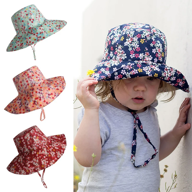 

New Summer Floral Kids Hat for Girls Cotton Folding Big Brim Bucket Hat Autumn Infant Kids Panama Hat Children Sun Hat 2-8Y