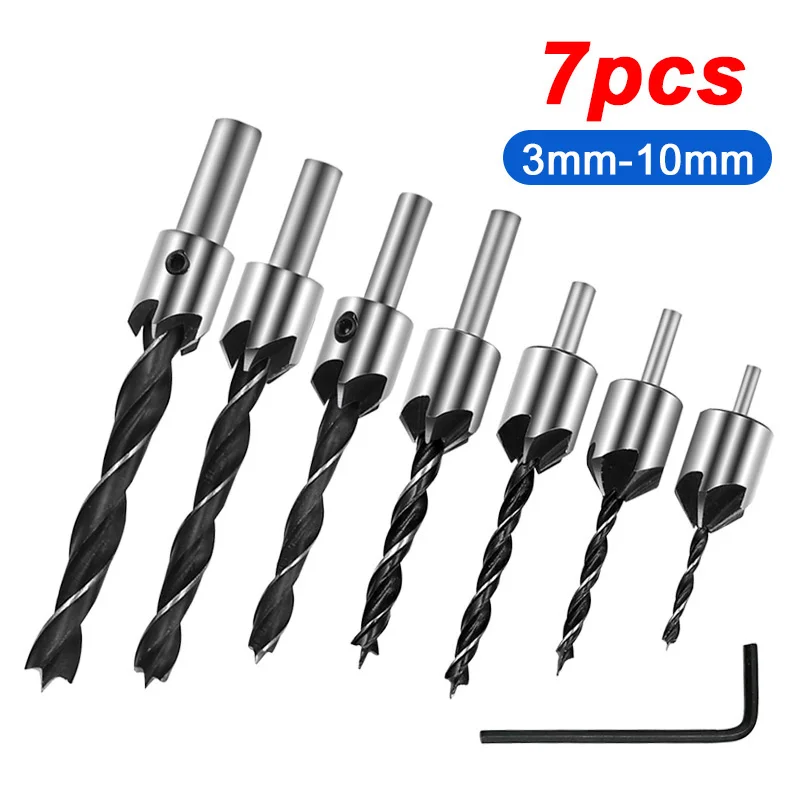 

7Pcs Flute Countersink Drill Bit Set Wrench Carpentry Reamer Woodworking Chamfer End Milling Round Shank Adjustable Tapered Bits