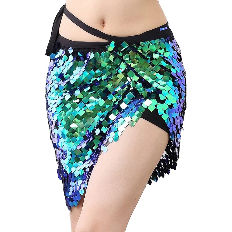 

Belly Dance Round Sequins Hip Scarf Fishtail Dance Wear Multicolor Mermaid Over-Skirt Adjustable Fit most figures