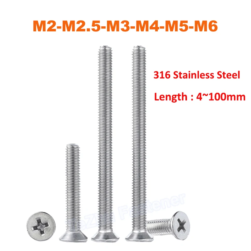 

3-50pcs M2 M2.5 M3 M4 M5 M6 316 Stainless Steel Cross Recessed Phillips Flat Countersunk Head Machine Screws Bolt Length 4~100mm