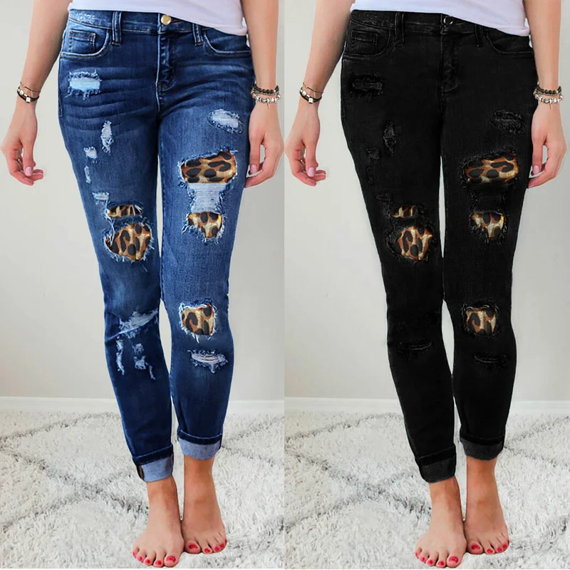 

Summer Women Ripped Jeans Pencil Pants Fashion Mid Waist Slim Fit Leopard Patchwork Distressed Denim Pants Jeans Woman