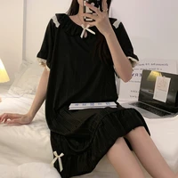 yasuk summer spring fashion womens casual lovely bow kawai nightdress nightgown pajamas set short sleeves black lace