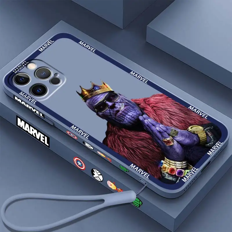 

Marvel Thanos Iron Man Logo Phone Case For Apple iPhone 14 13 12 Mini 11 XS Pro Max X XR 8 7 Plus SE Liquid Left Rope Cover