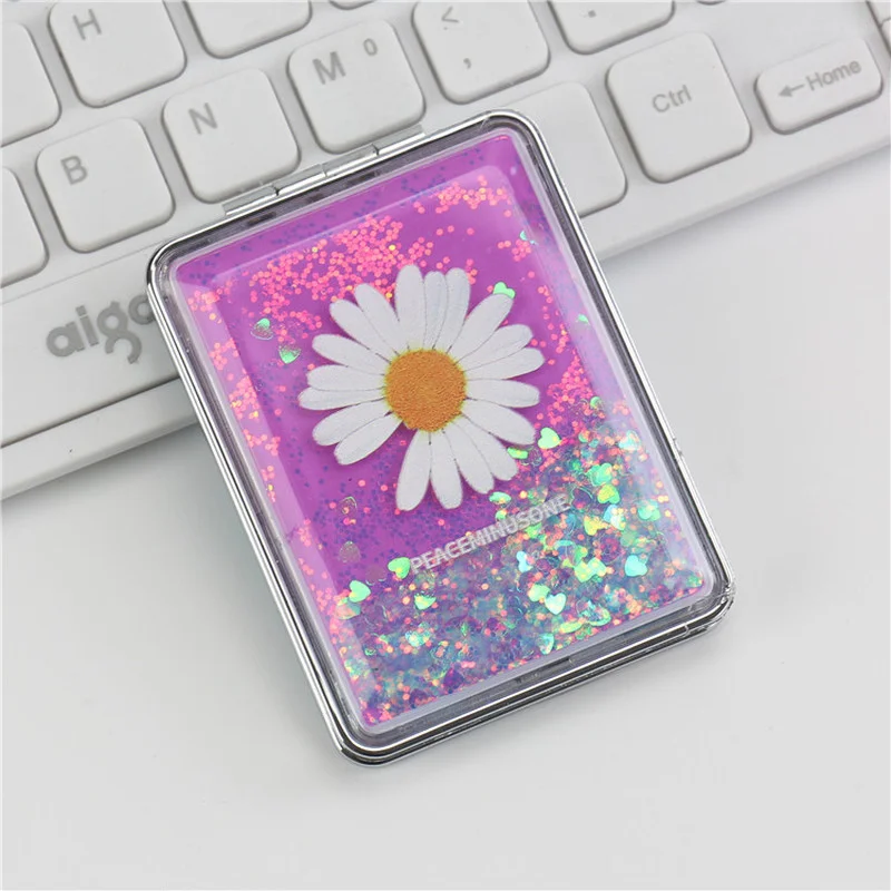 Двустороннее зеркало для макияжа L104 портативное косметическое с блестками и