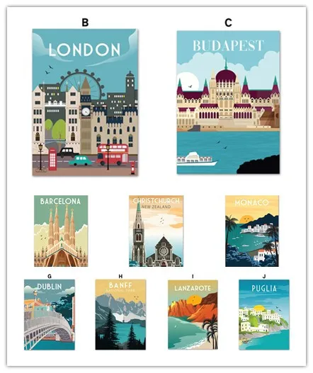 Скандинавский Мультфильм Путешествия городской пейзаж холст картина Мадрид