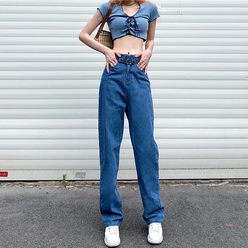 2021 Summer New Casual Fashion Women New Denim Pants Baggy Jeans Clothing Mom Fit Straight Flared Loose Jean with Belt Female