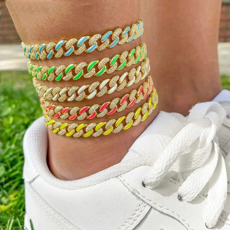 

2022 New Arrived Summer Beach Enamel Colorful Cuban Chain Anklets For Women Lady Iced Out Bling 5A CZ Adjust Anklet Foot Jewelry