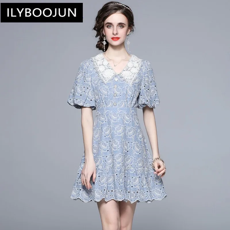

Women Summer Luxury Embroidery Dress Festa High Quality Wedding Cocktail Party Robe Femme Designer Blue Short Vestidos