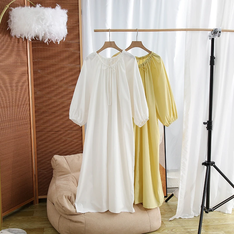 

100% Cotton Elegant Dresses For Women Casual Solid O-Neck Lace Up Bandage Long White Dress Vestidos Comfortable Outwear