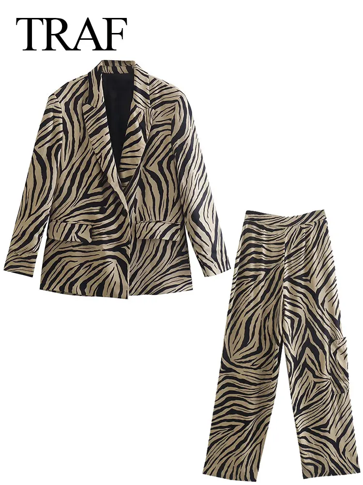 

TRAF Women's Fashion Suits Double Breasted Animal Print Long Sleeve Blazer + Trouser 2 Pieces Sets Female Casual Streetwear