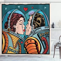 love shower curtain space man and woman astronauts kissing science cosmos couple pop art design print cloth fabric b