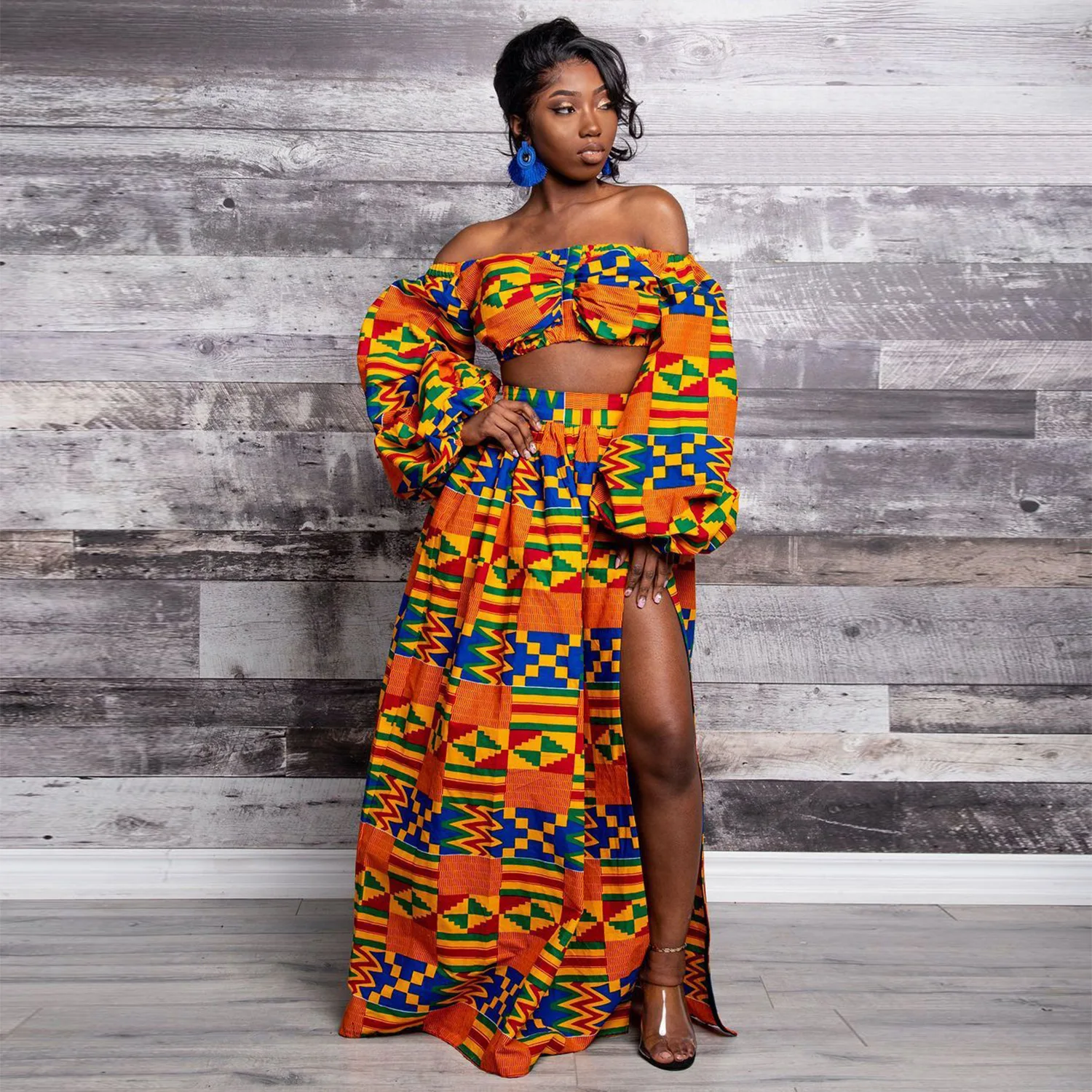 

Africna Clothes Spring 2-piece Set Lady Full Sleeve Shoulder Off Festher Dashiki Print Split Skirts African Dresses for Women