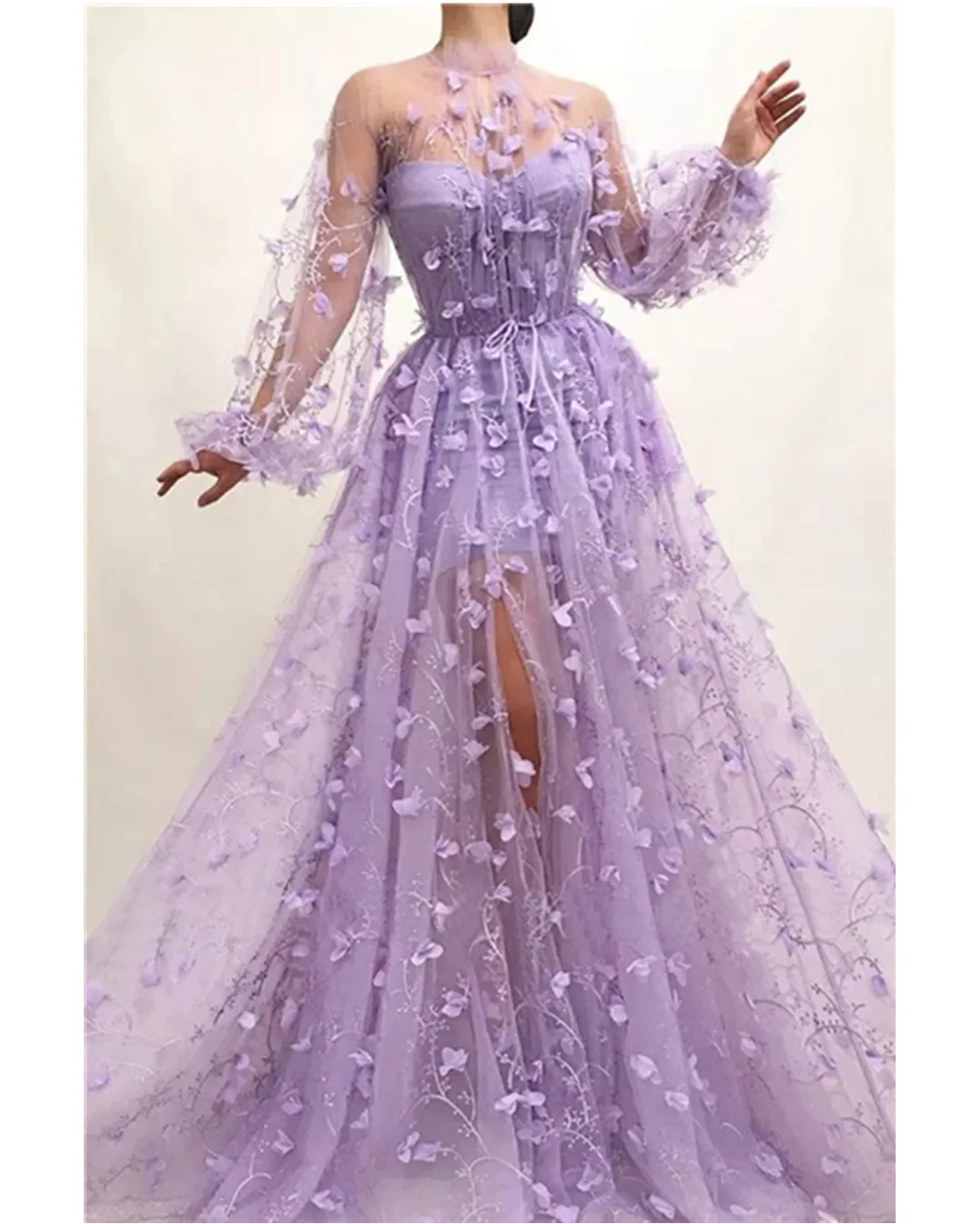 New Fashion Floral Long Sleeve Women Autumn Long Party Dress  Sexy Mesh Tulle Purple Maxi Dress Celebrity Host Party Dress