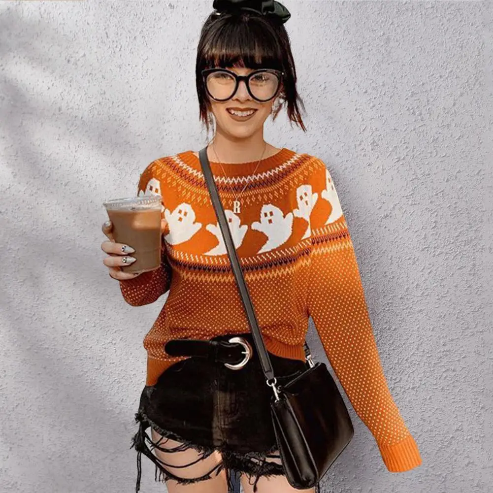 

Классический мягкий свитер на ощупь для Хэллоуина, Свободная трикотажная одежда с круглым вырезом, плотная Женская трикотажная одежда для ...