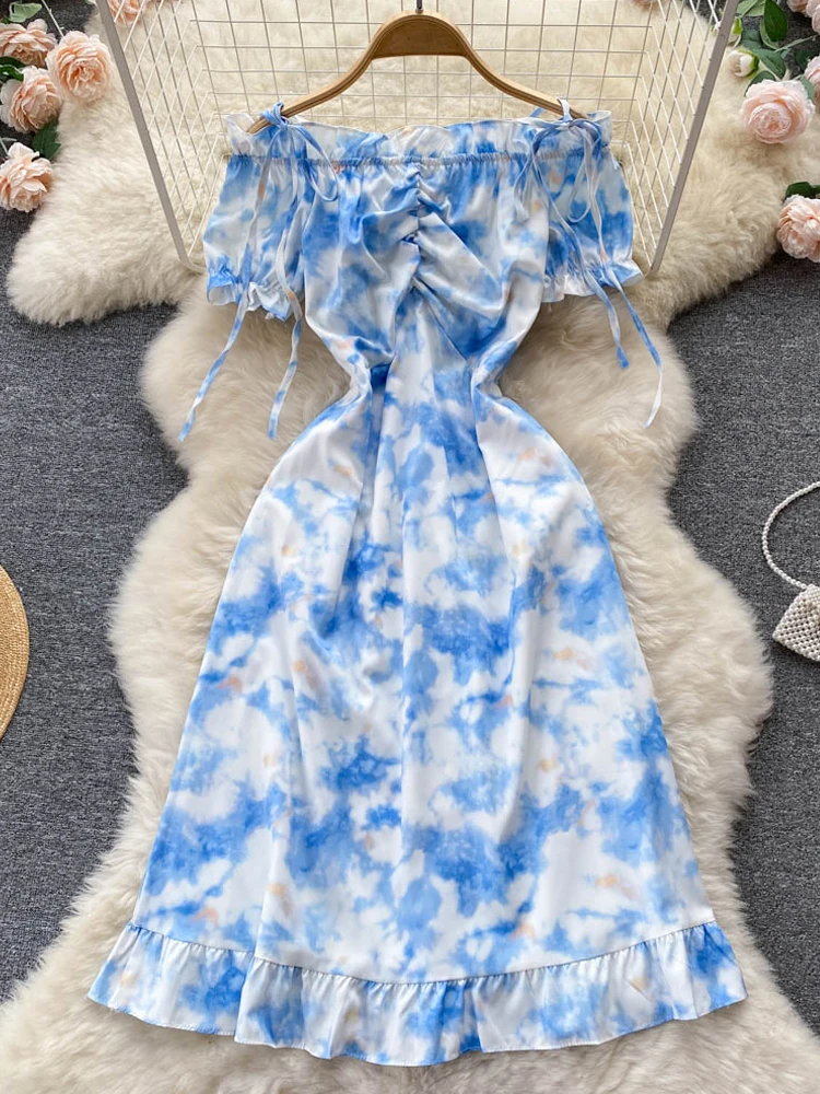 

YuooMuoo Women Dress 2022 New Fashion Tie Dye A-line Long Summer Dress Off Shoulder Puff Sleeve Elegant Party Dress