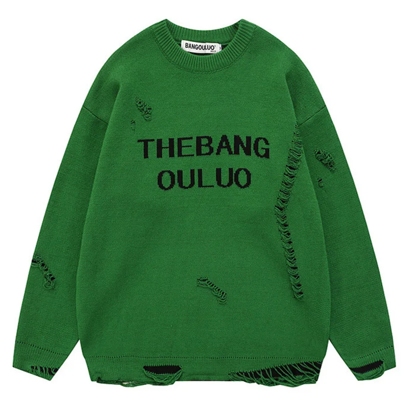 

2022 Winter Thicken Knitted Jumper Sweaters Letter Ripped Hole Vintage Streetwear Pullover Men Harajuku Loose Knitwear Sweaters