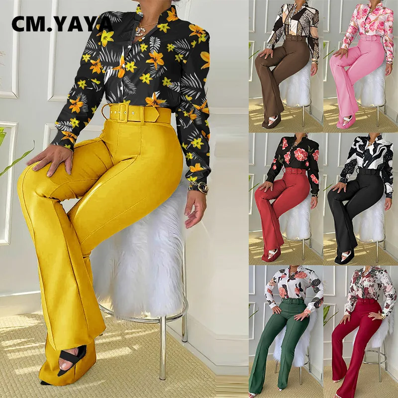 

Женский элегантный костюм CM.YAYA из рубашки с длинным рукавом и прямых брюк с цветочным принтом, спортивный костюм, комплект из двух предметов...