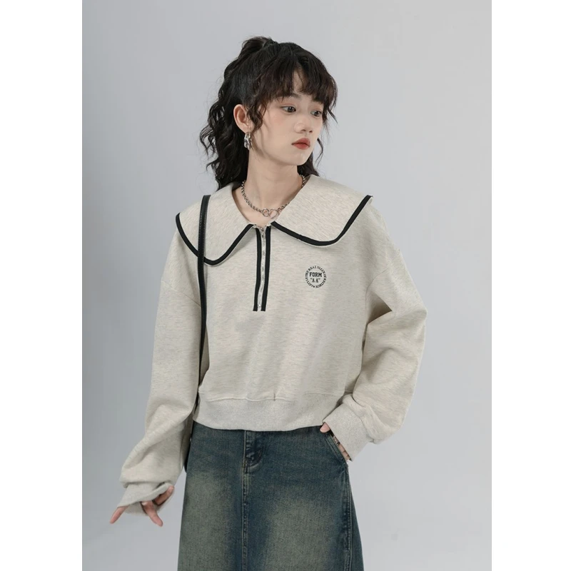 

Женская одежда, бежевая толстовка с воротником-поло, американский винтажный уличный зимний женский короткий пуловер с длинным рукавом, топы