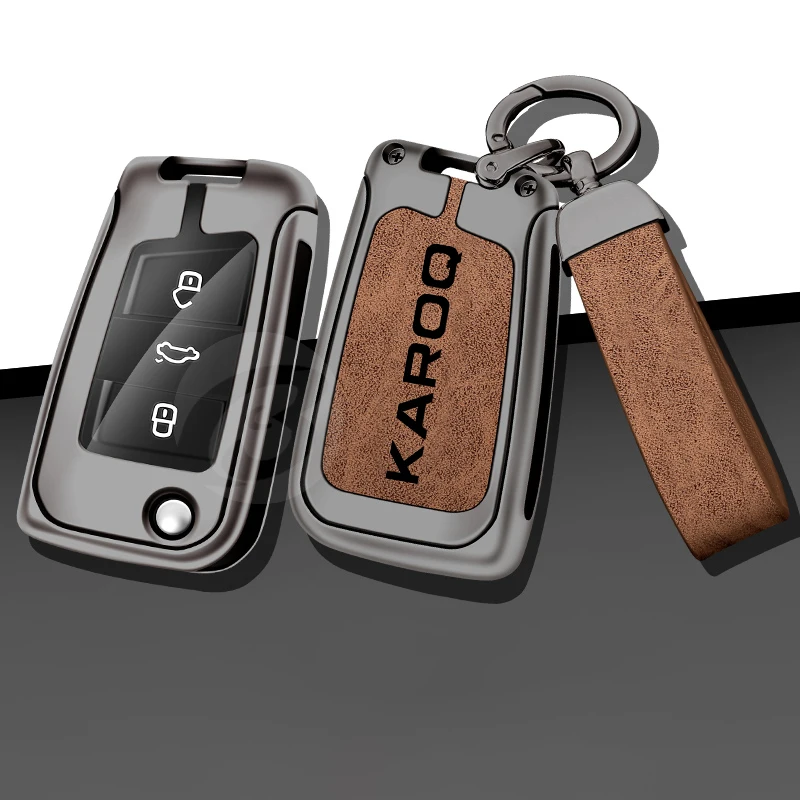 

Flip Leather Zinc Alloy Car Keychain Keyring For Skoda Karoq Holder Keyless Full Case Cover Auto Keybag Accessories
