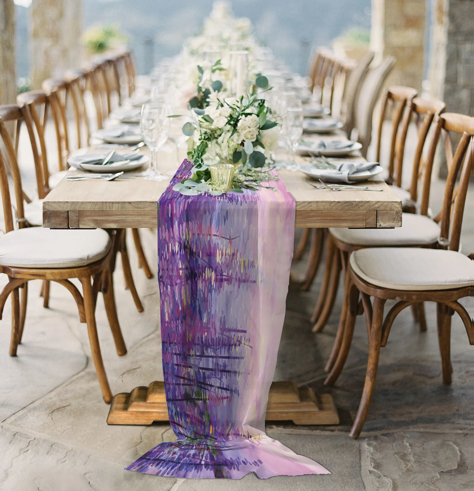 

Wisteria Flower Watercolor Gradient Sheer Chiffon Table Runner Wedding Party Birthday Luxury Voile Tablecloth Home Decoration