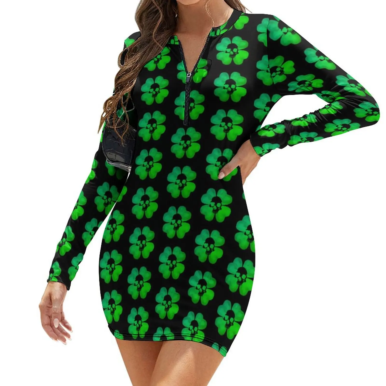 

Shamrock Print Dress Lady Spooky Skull Art Street Wear Bodycon Dress Holiday Long Sleeve Sexy Dresses Graphic Oversize Clothing