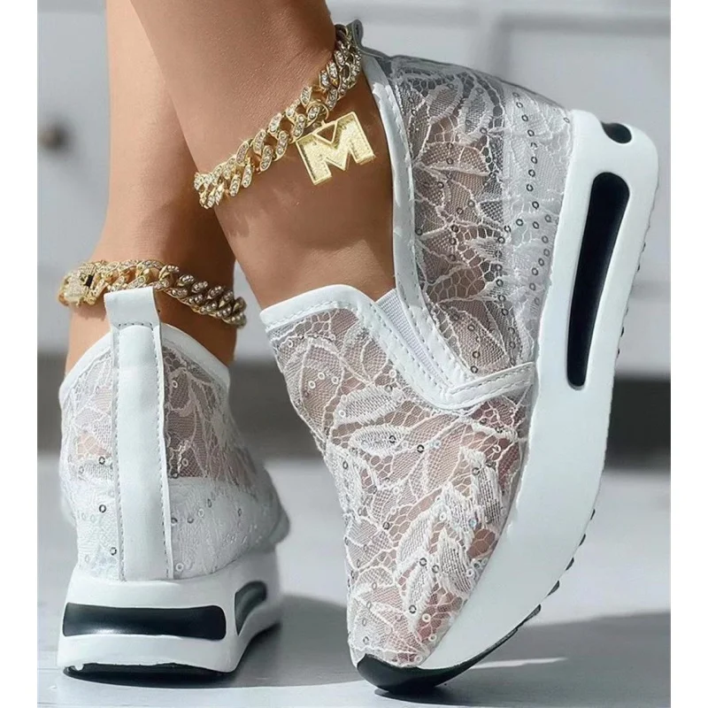 Women's Sneakers Floral Embroidery Mesh Sneakers for Women Slip on Casual Comfy Heeled Shoes Woman