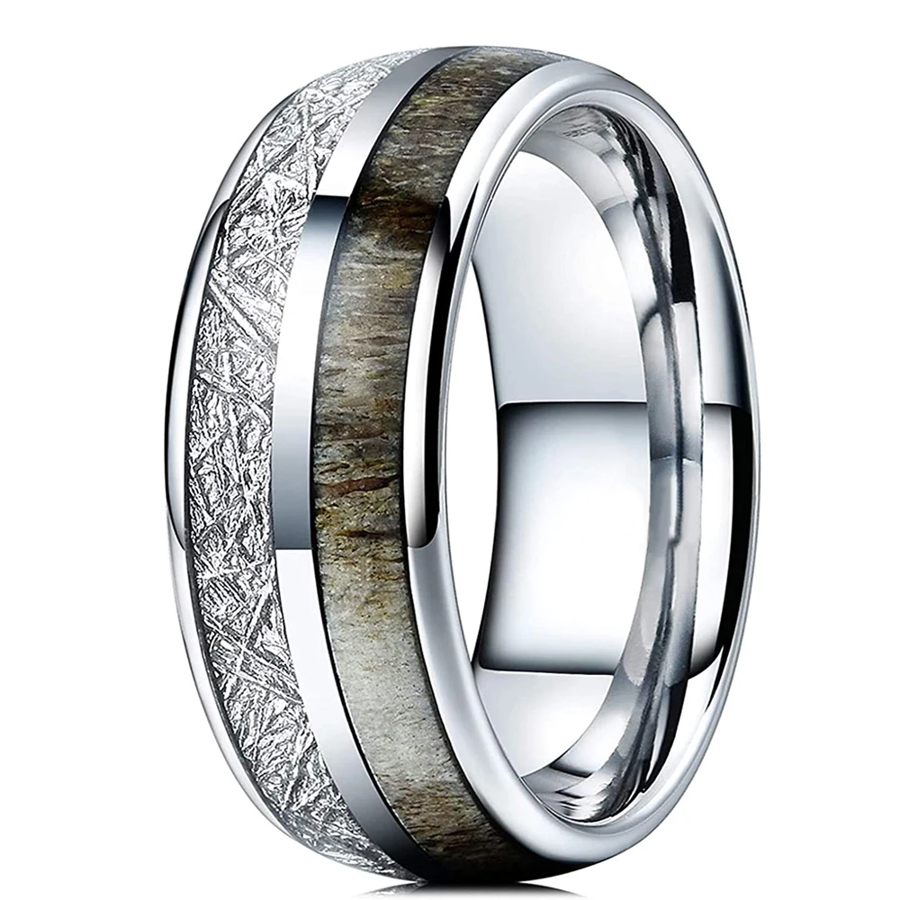 

Fashion 8mm Deer Antler Stainless Steel Rings for Men Silver Color Meteorite Inlay Dome Engagement Men Ring Wedding Band Jewelry