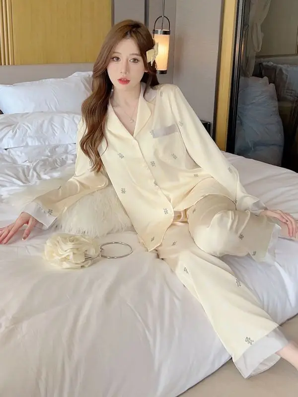 Жаккардовый пижамный комплект с принтом медведя женский милый студенческий