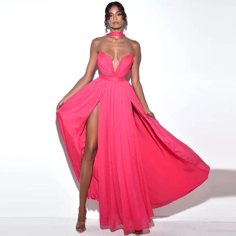 

Sexy Hot Pink Both Side Split Long Women Chiffon Skirts Boho A-line Zipper Female Maxi Skirt Summer Chiffon Skirt
