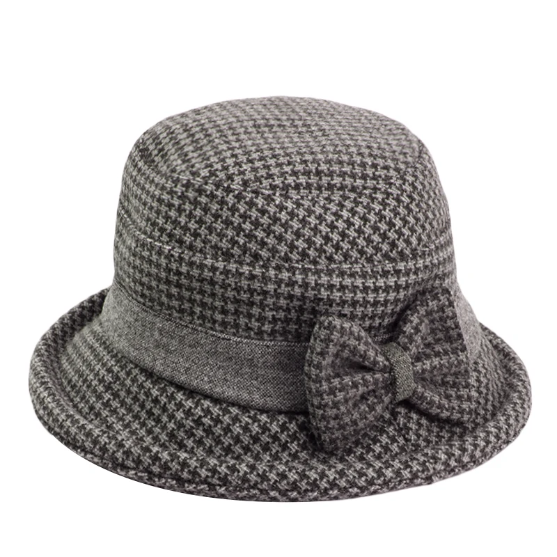 Новая женская осенне-зимняя панама с бантом утолщенная шерстяная клетчатая