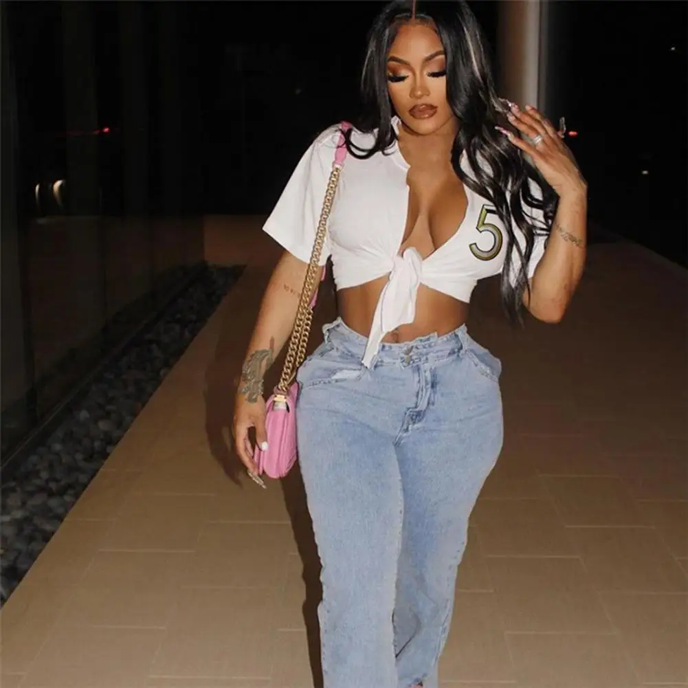 

Summer Sexy Cardigan Number 5 Embroidery Print Front Lace-up Women Blouse Deep V-neck Short Sleeve Cardigan Female Club Wear