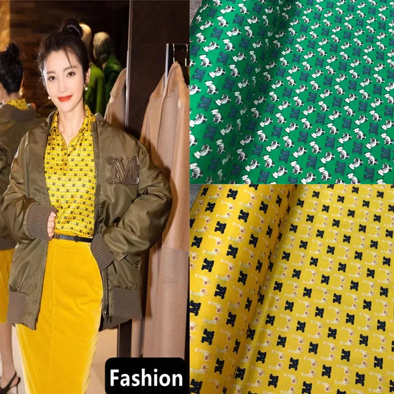 

Classic Fashion Green Yellow Letter Print Twill Stretch Silk Fabric High-end Shirt Skirt Clothing Silk Sewing Handmade Fabric