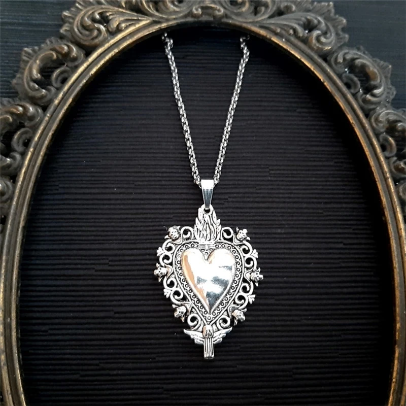 

Fashion Filigree Sacred Heart Necklace, Heart Pendant Necklace, Gothic Jewelry, Memento Mori, Burning Heart, Gift for Couples