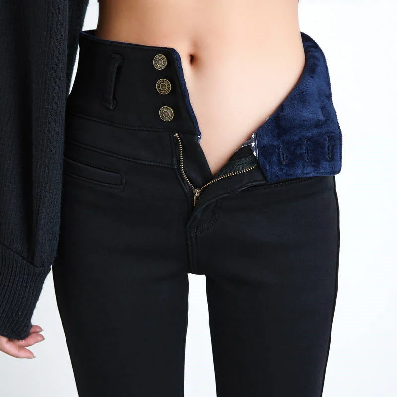 

New High Waist Velvet Thick Jeans Female Winter Skinny Stretch Warm Pants Mom Black Denim Trousers With Fleece