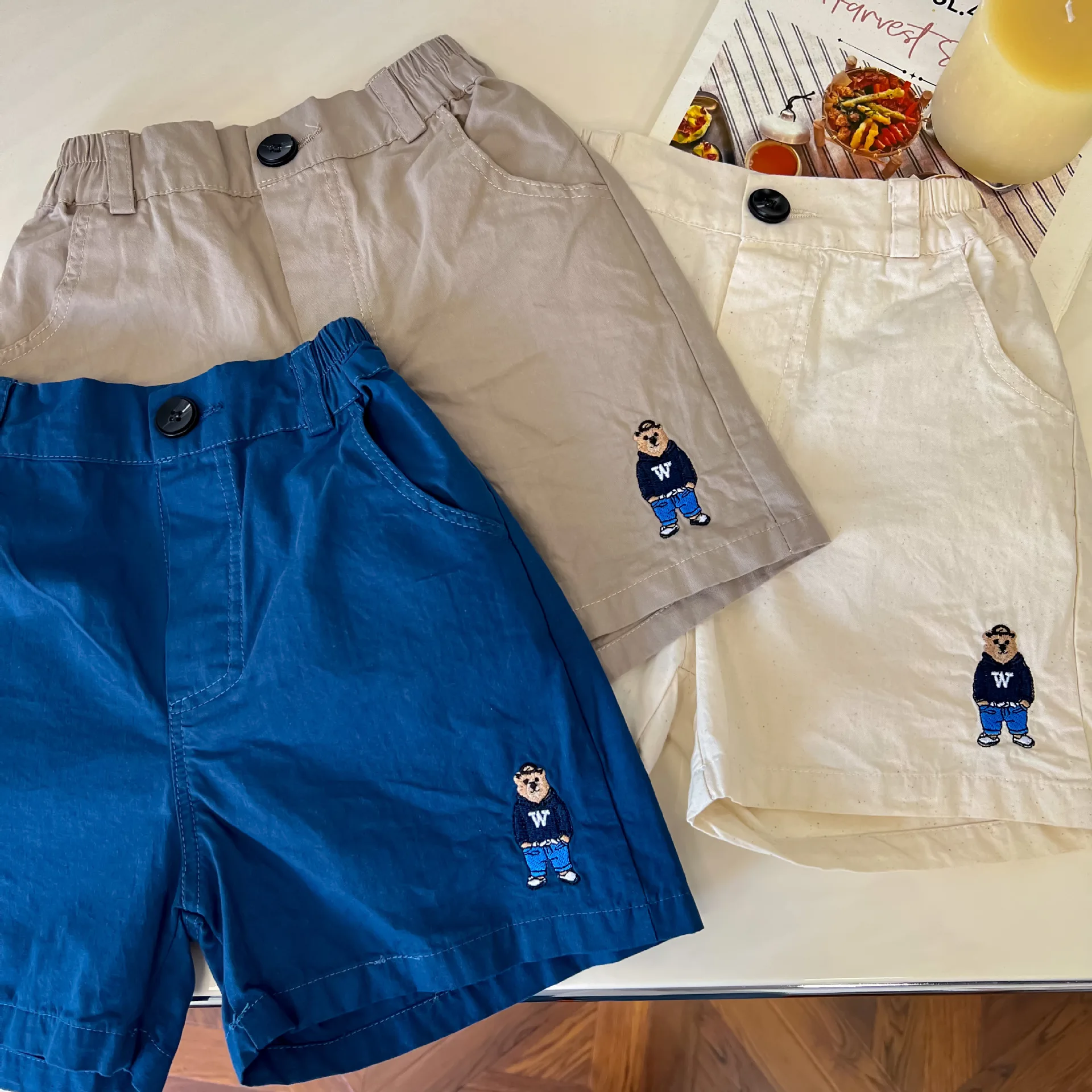 

2023 Summer Children's Shorts Cartoon Bear Embroidery Versatile Boys Girls Washed Cotton Middle Pants Toddler Casual Trousers