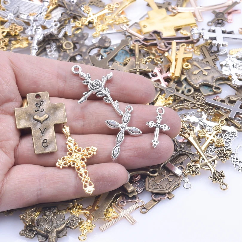 30/50/100Pcs Mix Cross Shield Christ Religion Rose Heart Shape Cross Pendant Charms For Women Jewelry Making Necklace Material