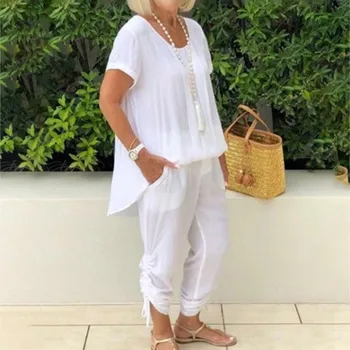 Blouse T-shirt Wide Leg Pants Suit Lounge Print Boho Women Two Piece Suit Faux Linen Spring Elegant Short Sleeve Tunic Female 1