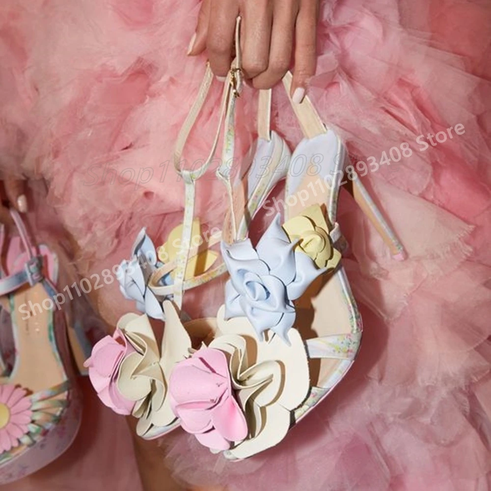 Милые сандалии разных цветов с цветочным декором вечерние свадебные элегантные