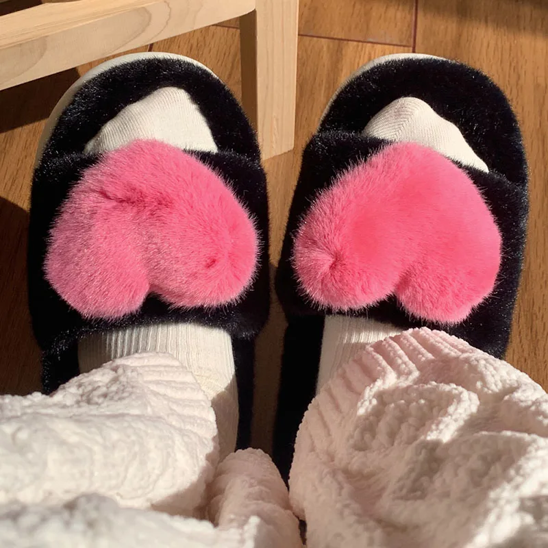 

Fluffy Slippers Heart Love Fur Slippers Women Warm Open Toe Plush Slippers Lovely Home Winter Indoor Shoes Soft Flat Comfortable