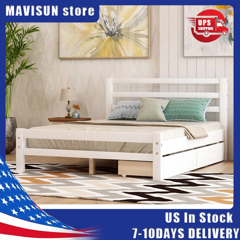 Solid Wood Smart Bed Platform Bedroom Furniture For Children Adults Hidden Two Drawers Storage White Modern Full Size Bed Frame